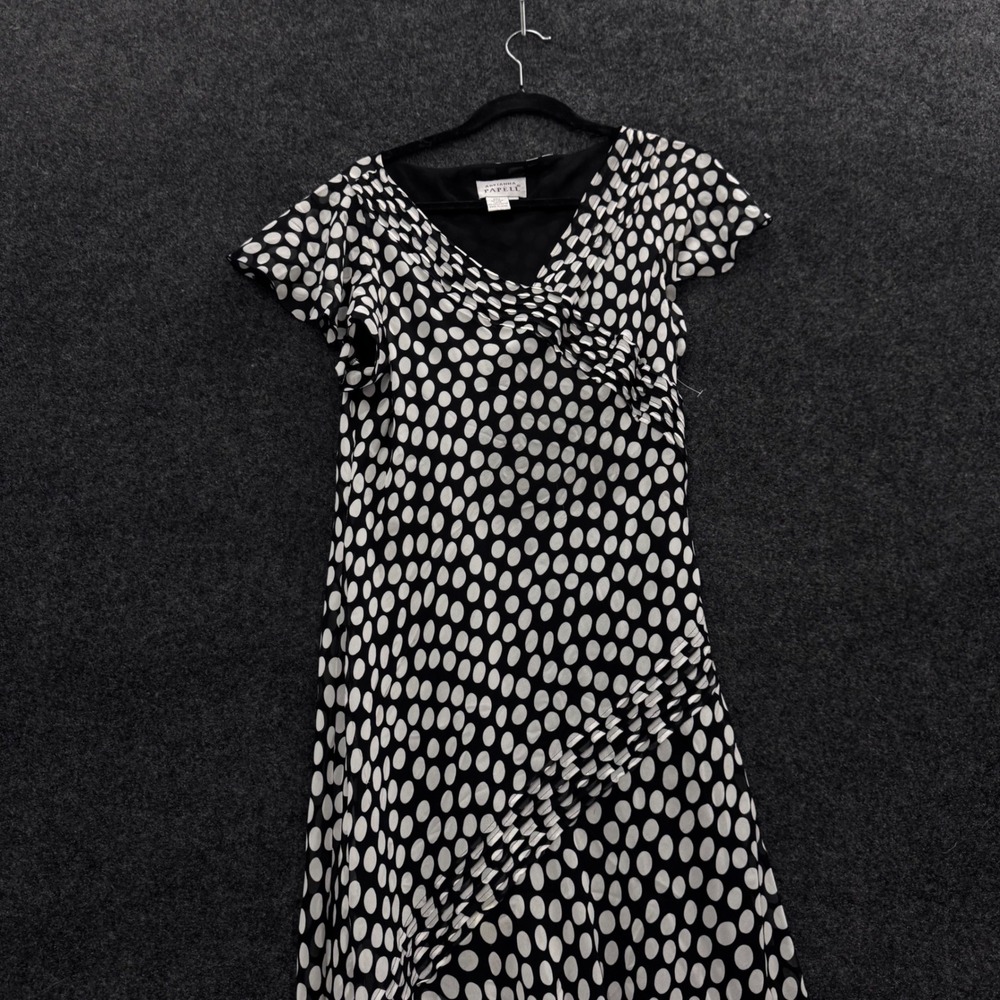 Adrianna Papell Vintage 100% Silk Polka Dot Ruffle Midi Dress Black White Sz 12